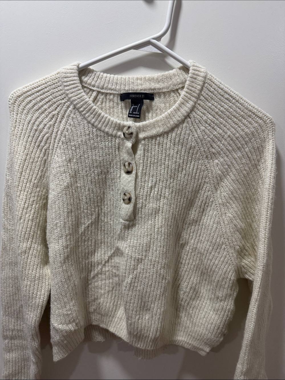Forever 21 Ivory Ribbed Henley Crewneck Sweater